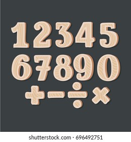 Vector cartoon illustration of wooden numbers and signs on black background. Division, exclamation point, multiplication, percent, equals, minus in dark background