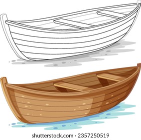 A vector cartoon illustration of a wooden paddle boat for colouring