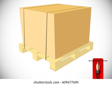 Vector cartoon illustration of wooden pallet with fixed cardboard box