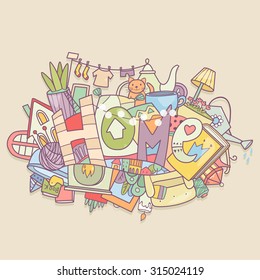 Vector cartoon illustration with word Home and decor elements like lamp, clothes, sofa, bath, flowers in pots, pictures,books, cat and so on