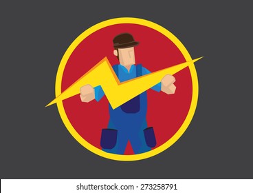 Vector cartoon illustration worker in blue overall holding a lightning symbol.