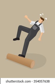 Vector cartoon illustration of a worker stepping on a log, losing balance and falling backwards isolated on plain background.