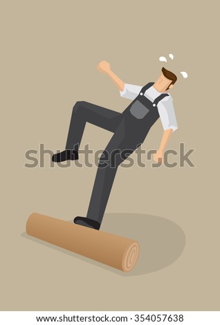 Vector cartoon illustration of a worker stepping on a log, losing balance and falling backwards isolated on plain background.