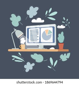 Vector cartoon illustration of working place with the computer and lamp in the evening on the dark background.