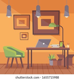Vector cartoon illustration of workplace interior with armchair, table, boxes. Colorful background. Concept with furniture. Flat style illustration. Design template of interior. Flat room background.