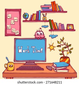 Vector cartoon illustration of workplace in office.