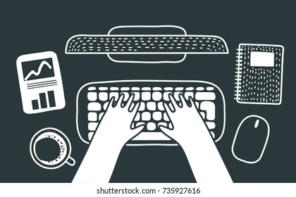 Vector cartoon illustration of workspace with hands typing on keyboard. Cup of coffee, diagram, display, note, mouse. Working process, top view. Monohrom illustration in black and white colors.