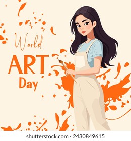 Ilustración de dibujos animados vectoriales para el día mundial del arte con salpicaduras de pintura abstracta y una artista chica linda con un pincel en la mano.