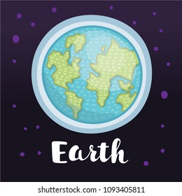 Vector cartoon illustration world. Funny illustration of planet Earth on space dark star sky background. Poster for children room, education. Hand drawn lettering name.