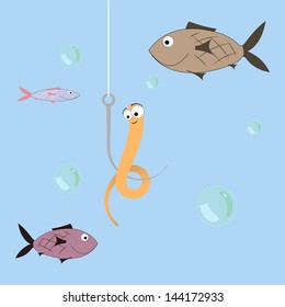 vector cartoon illustration of a worm on a fishing trip