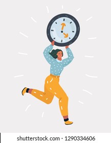 Dibujo vectorial de una mujer preocupada corriendo con un gran reloj de alarma. El tiempo se está acabando. Caracteres humanos de fondo blanco.