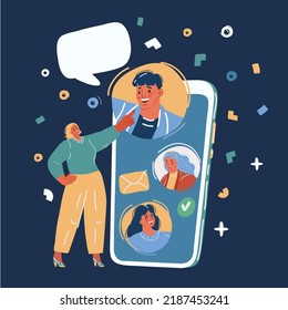 Vector cartoon illustration of Wow. Happy Woman stand near Big screen Smartphone over dark backround