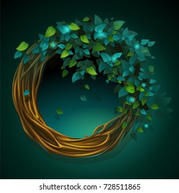 Vector cartoon illustration wreath of vines and leaves on a green background