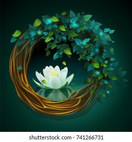 Vector cartoon illustration wreath of vines and leaves on a green background with Nymphaea 