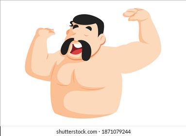 Vector cartoon illustration. Wrestler is doing hands up and shouting. Isolated on a white background.