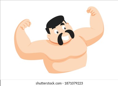 Vector cartoon illustration. Wrestler is showing his muscles. Isolated on a white background.