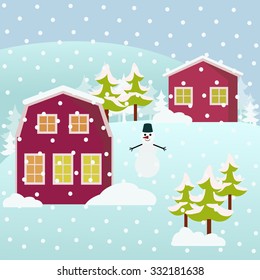 Vector cartoon illustration of xmas houses and snowman 