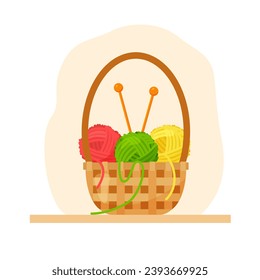 Vector cartoon illustration of yarn balls and needles in basket on color background. Set of tools and supplies for knitwork or handicraft hobby. Flat concept of woolen skeins for design or concept