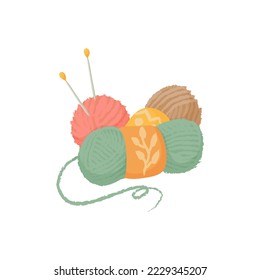 Vector cartoon illustration with yarn and spokes . Knitting objects. Vector knitting yarn icon isolated on white background