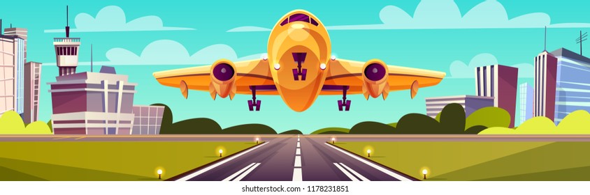 Vector cartoon illustration, yellow airliner, jet over runway. Takeoff or landing of commercial airplane against background of blue sky or airport building with control tower. Concept advertising