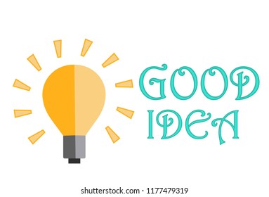 Vector cartoon illustration of yellow bulb. Lettering good idea. Isolated on white background.