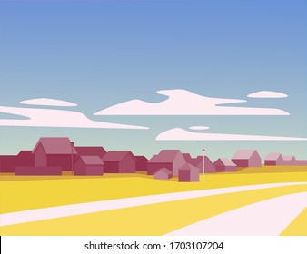 Vector cartoon illustration with yellow fields and houses, blue sky and clouds, summer village. Modern flat landscape illustration. For book, poster, covers design, web banners. 