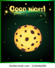 Vector cartoon illustration of yellow full moon on dark sky with glowing stars background with good night inscription above. Wishing of sweet dreams to friend or love. Poster, wallpaper, greeting card
