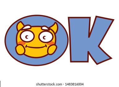 Vector cartoon illustration of yellow monster. Lettering ok text. Isolated on white background.