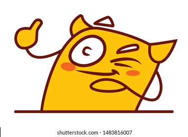 Vector cartoon illustration of yellow monster is showing thumbs up sign. Isolated on white background.