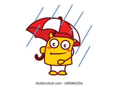 Vector cartoon illustration of yellow monster with umbrella. Isolated on white background.