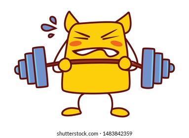 Vector cartoon illustration of yellow monster is picking dumbbell. Isolated on white background.