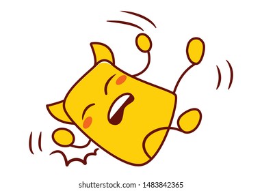 Vector cartoon illustration of yellow monster is fell down. Isolated on white background.