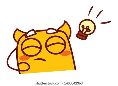 Vector cartoon illustration of yellow monster with idea bulb . Isolated on white background.