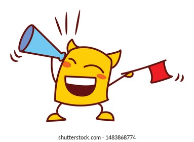 Vector cartoon illustration of yellow  monster with megaphone and flag. Isolated on white background.