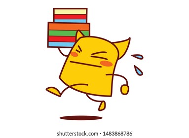 Vector cartoon illustration of yellow  monster run holding books in hand. Isolated on white background.