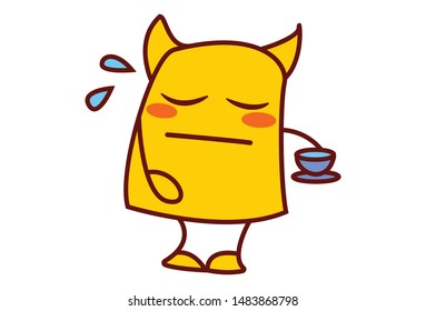 Vector cartoon illustration of yellow  monster is holding cup of tea. Isolated on white background.