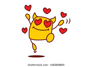 Vector cartoon illustration of yellow  monster is jumping in love. Isolated on white background.