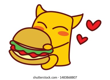 Vector cartoon illustration of yellow  monster is eating burger. Isolated on white background.