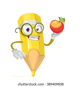 Vector cartoon illustration of a yellow pencil mascot character with glasses holding a red apple