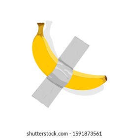 Vector cartoon illustration of yellow ripe banana duck taped on white wall background. Conceptual art modern installation. Yellow banana duct-taped to a wall at art gallery.