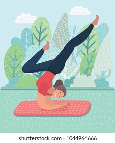 Vector cartoon illustration of cartoon yoga girl posa. Asanas pose. Fitness characters on park landscape background.