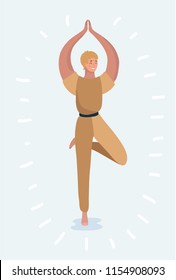 Vector cartoon illustration of Yoga pose standing woman with short haircut. Modern character on white background.