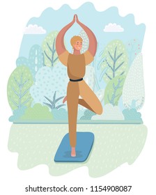 Vector cartoon illustration of Yoga time in autumn park. Girl with short haircut practicing yoga in forest.