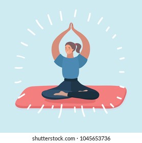 Vector cartoon illustration of yoga woman sitting in lotus pose. Female character on white background.