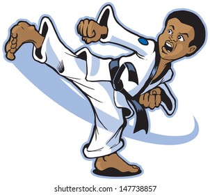 Vector cartoon illustration of a young African American boy martial artist executing a spinning back kick.