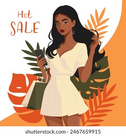 Vector cartoon illustration of a young African girl with a phone and packages in her hands on a background with tropical leaves. Bright banner template hot summer sale. 
