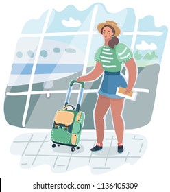 Vector cartoon illustration of young American woman in airport. Traveler with luggage on airplane background. Vacation. Arrival in terminal. Adult tourist in hat with bag holding passport and tickets.