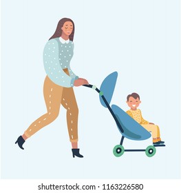 Vector cartoon illustration young attractive woman with baby carrier with boy.