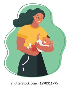 Vector cartoon illustration of Young and beautiful woman with a child. Happy motherhood. The girl loves her child.