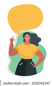 Vector cartoon illustration of young beautiful girl talking something. Speech bubble above. Index finger up.